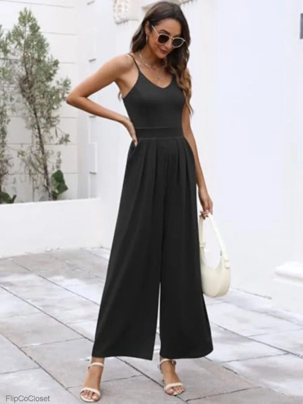 Wide Leg Jumpsuit with Pockets V-Neck Sleeveless Summer One Piece